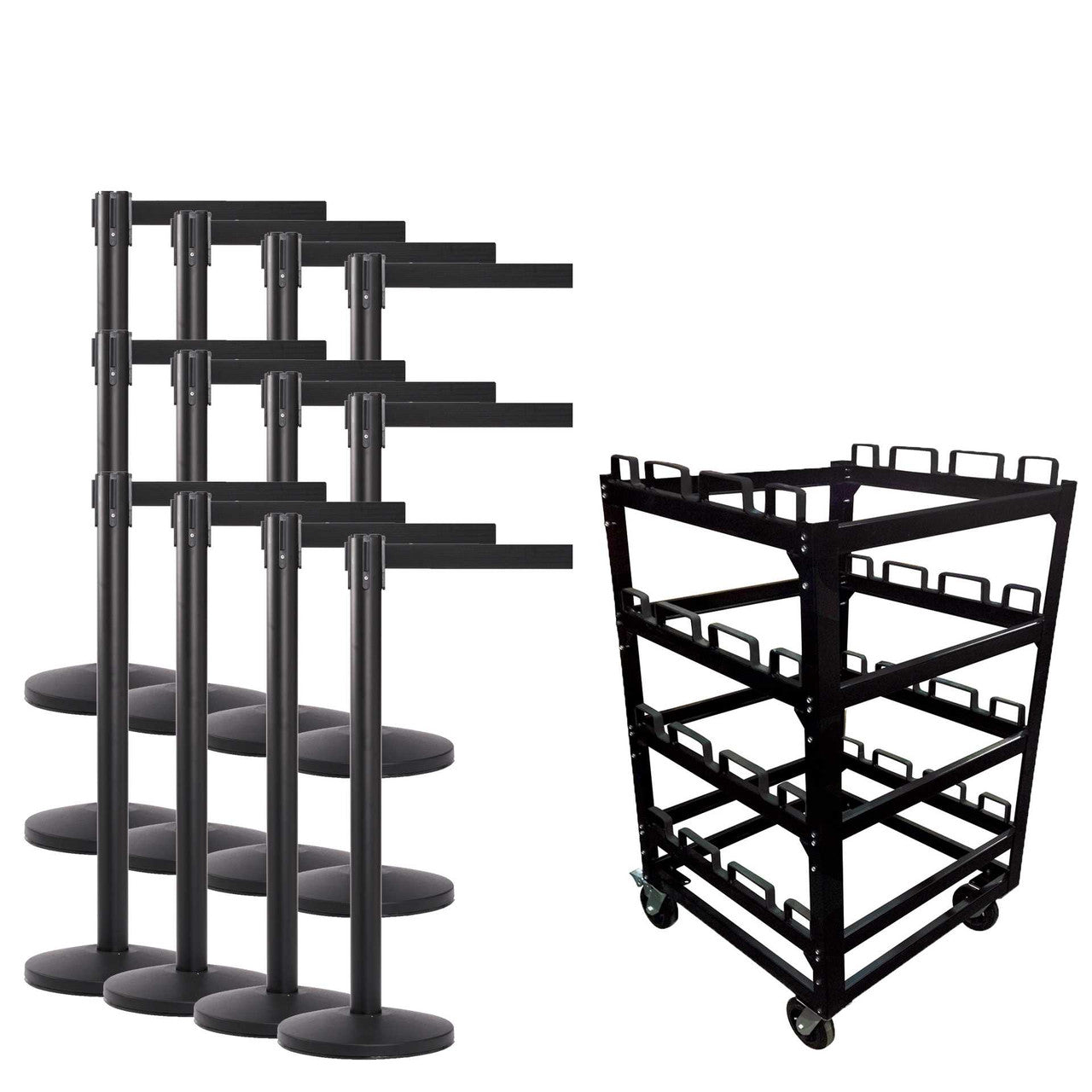12 Pack & Cart | Black Retractable Belt Barrier Stanchions Stanchions Epic Crowd Control