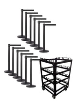 12 Pack & Cart | Black Retractable Belt Barrier Stanchions Stanchions Epic Crowd Control