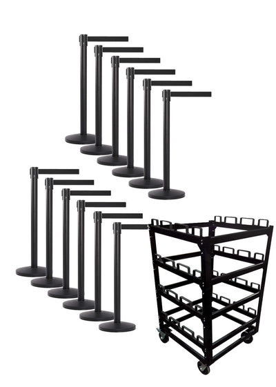 12 Pack & Cart | Black Retractable Belt Barrier Stanchions