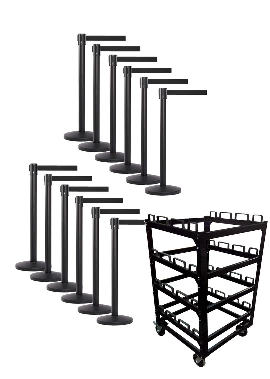12 Pack & Cart | Black Retractable Belt Barrier Stanchions Stanchions Epic Crowd Control