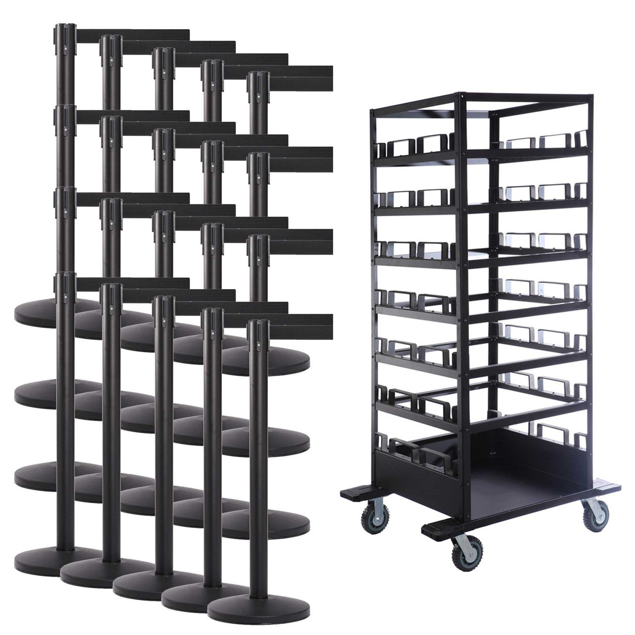 18 Pack & Cart | Black Retractable Belt Barrier Stanchions Stanchions Epic Crowd Control