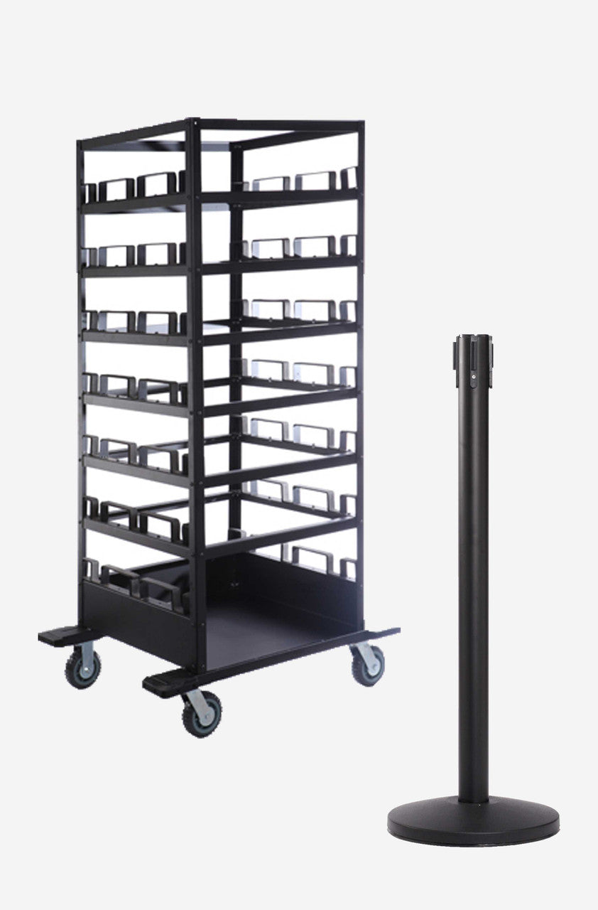 18 Pack & Cart | Black Retractable Belt Barrier Stanchions Stanchions Epic Crowd Control