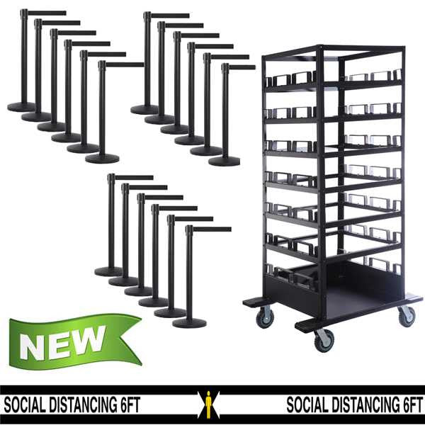 18 Pack & Cart | Black Retractable Belt Barrier Stanchions Stanchions Epic Crowd Control
