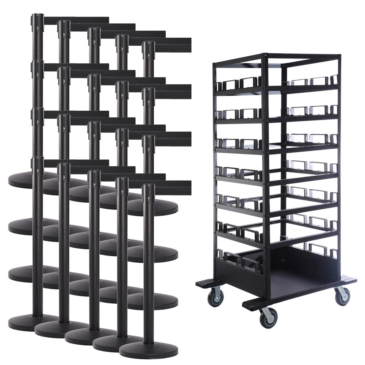 21 Pack & Cart | Black Retractable Belt Barrier Stanchions
