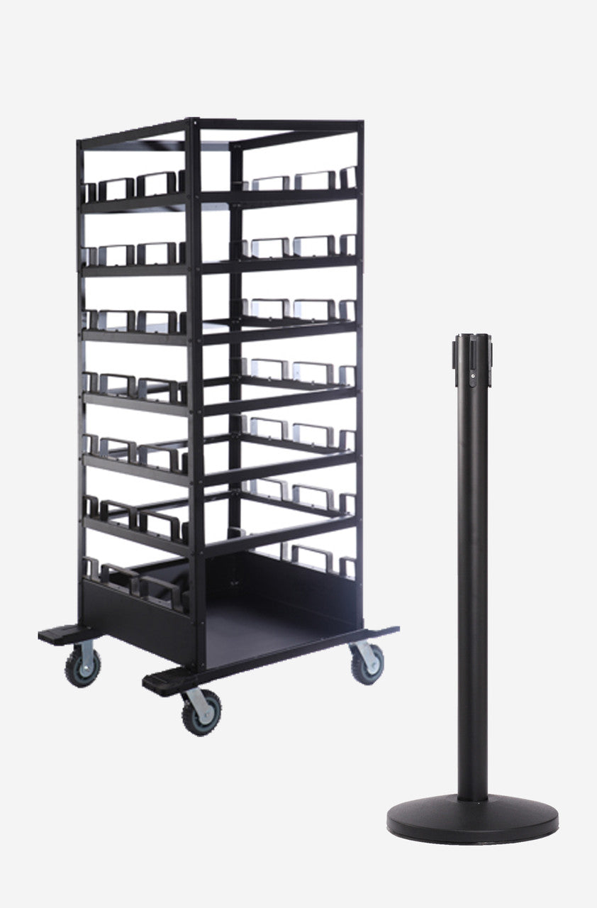 21 Pack & Cart | Black Retractable Belt Barrier Stanchions