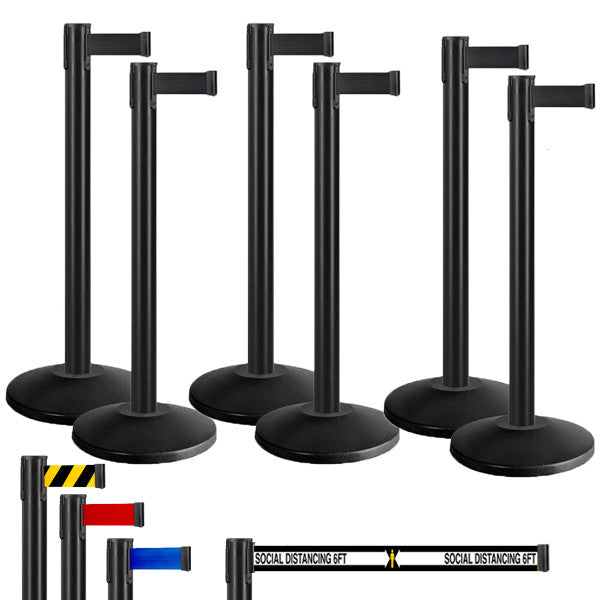6 Pack | Black Retractable Belt Barrier Stanchions