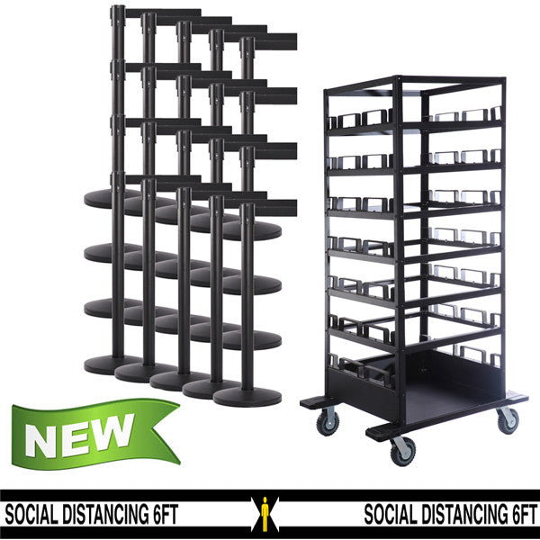 21 Pack & Cart | Black Retractable Belt Barrier Stanchions