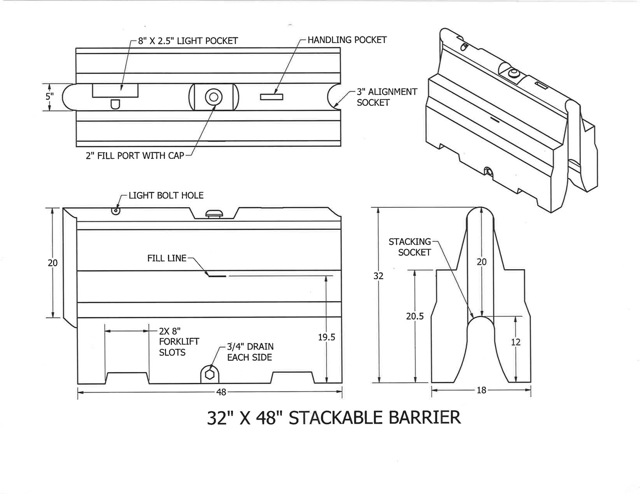 Stackable Jersey Barrier 32" High x 48" Long x 16" Wide