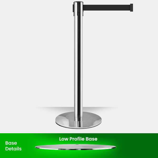 Low Profile Retractable Belt Barrier Stanchion | Polished Stainless 11 Foot Belt Retractable Belt Barriers Epic Crowd Control