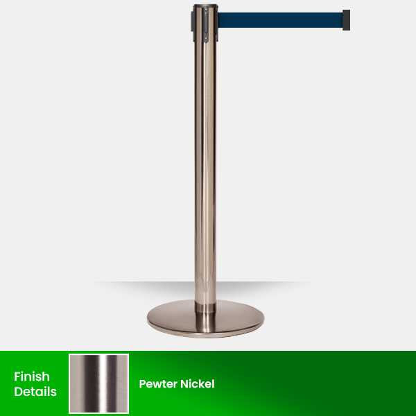 Luxury Retractable Belt Barrier Stanchion | Pewter Nickel 11 or 13 Foot Belt Posts Single Line Belt Posts Epic Crowd Control