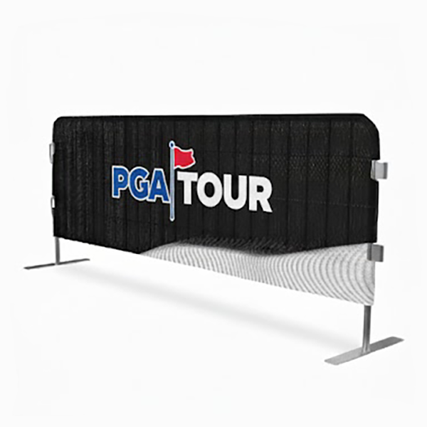 Black event barrier with PGA Tour logo on a white background