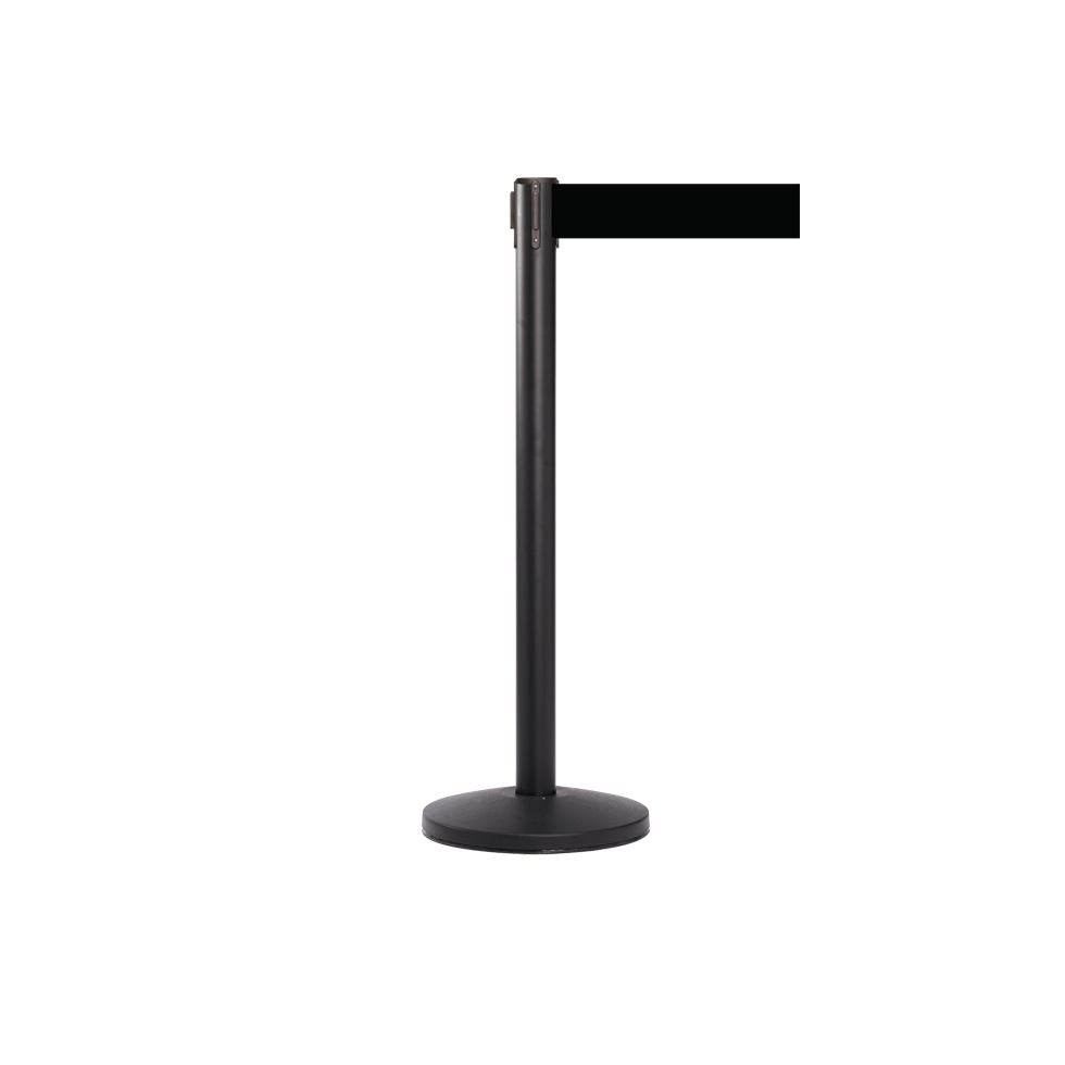 Black stanchion with a retractable belt on a white background