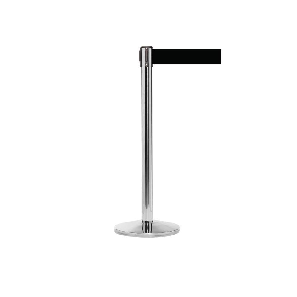 Metal stanchion with a black belt on a white background