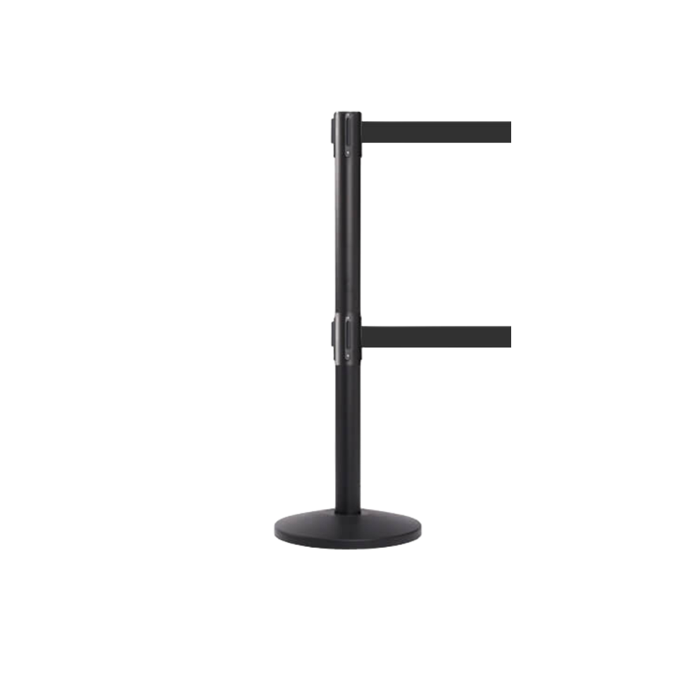 Black stanchion with a retractable belt on a white background