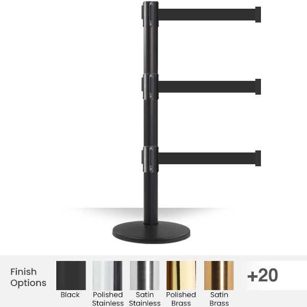 QueuePro Triple 250 Series Stanchion 13 Ft Retractable Belt | Black Finish Crowd Control Post Stanchions Epic Crowd Control
