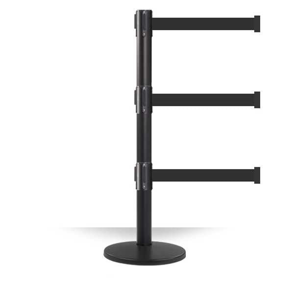 QueuePro Triple 250 Series Stanchion 13 Ft Retractable Belt | Black Finish Crowd Control Post Stanchions Epic Crowd Control