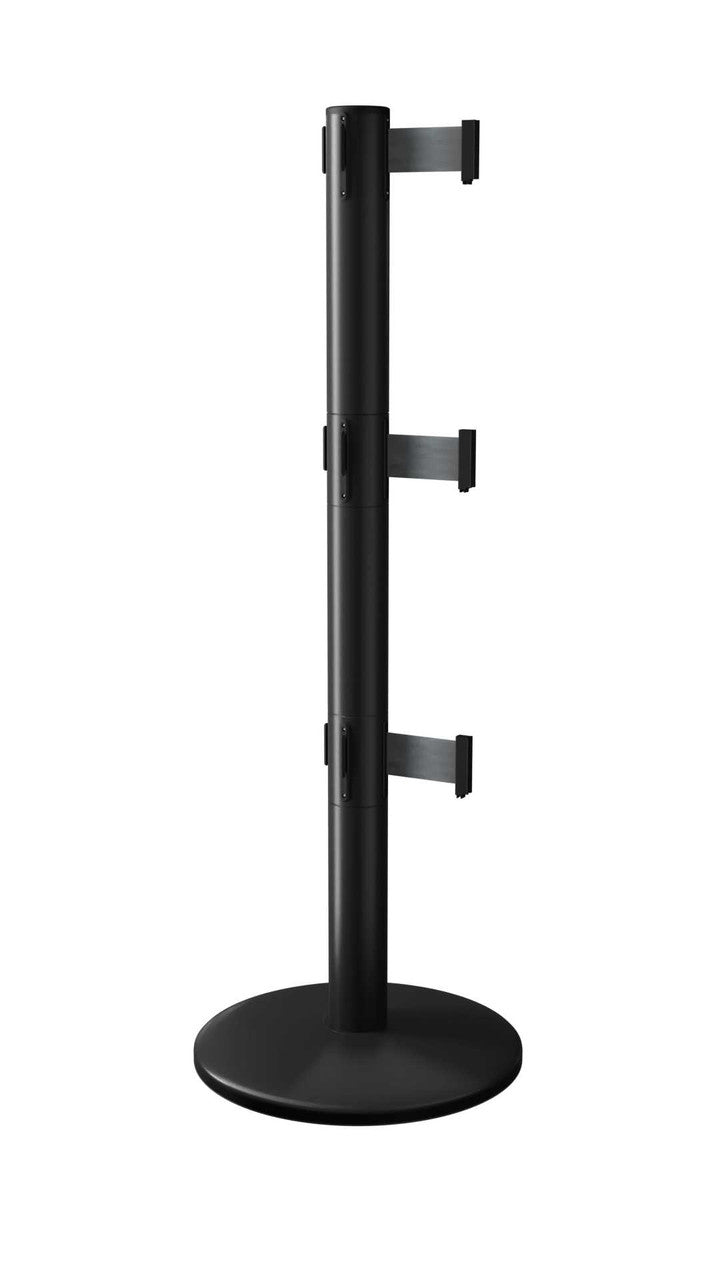 QueuePro Triple 250 Series Stanchion 13 Ft Retractable Belt | Black Finish Crowd Control Post Stanchions Epic Crowd Control