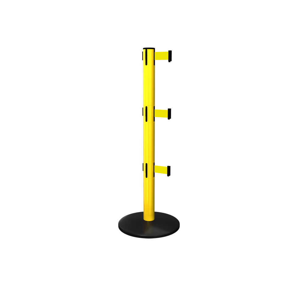 Yellow Safety Pro Triple Retractable Belt Stanchion | 11 Foot ADA