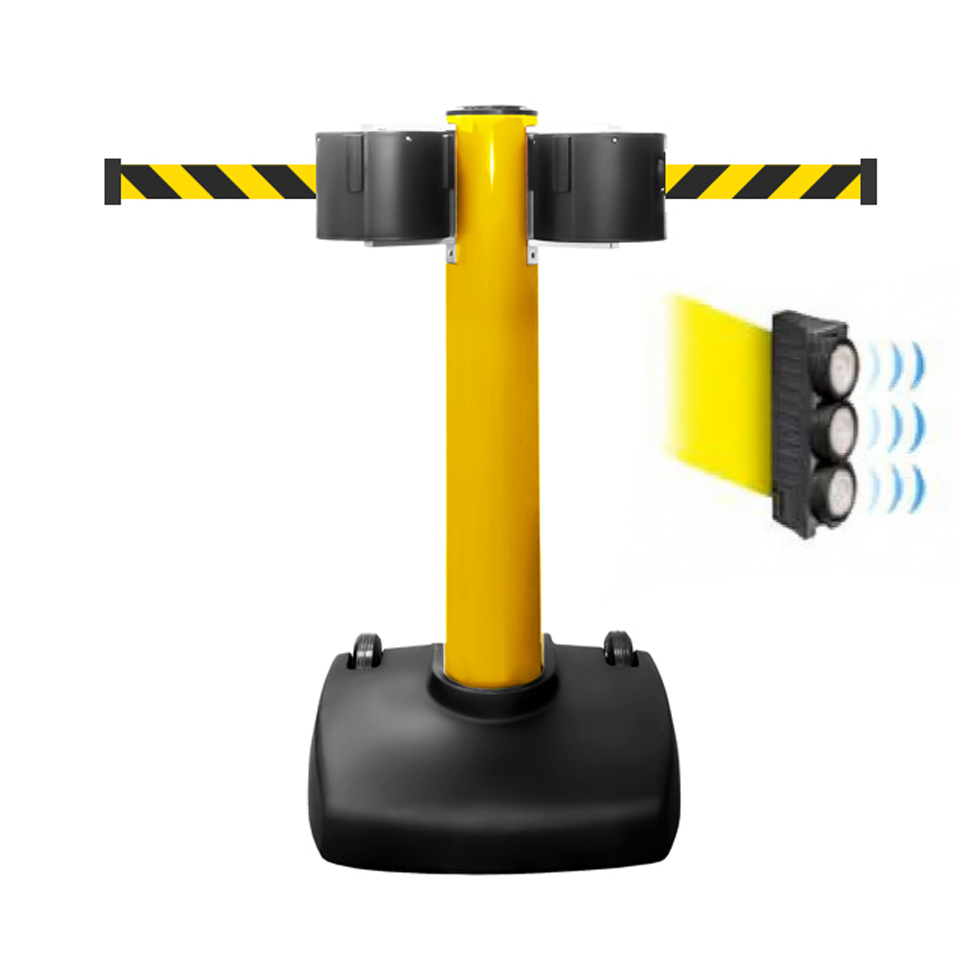 Yellow Portable Retractable Belt Stanchion 150 Foot Magnet Belt End ...
