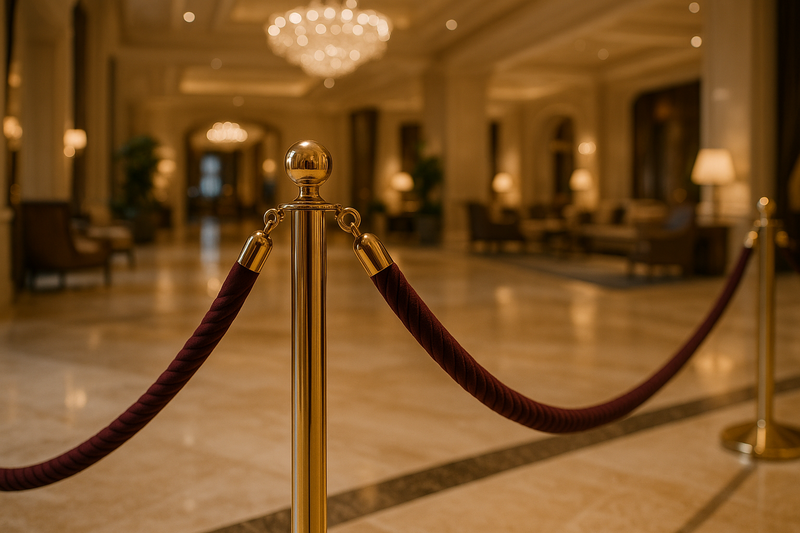 post and rope stanchion in the lobby of upscale hotel 